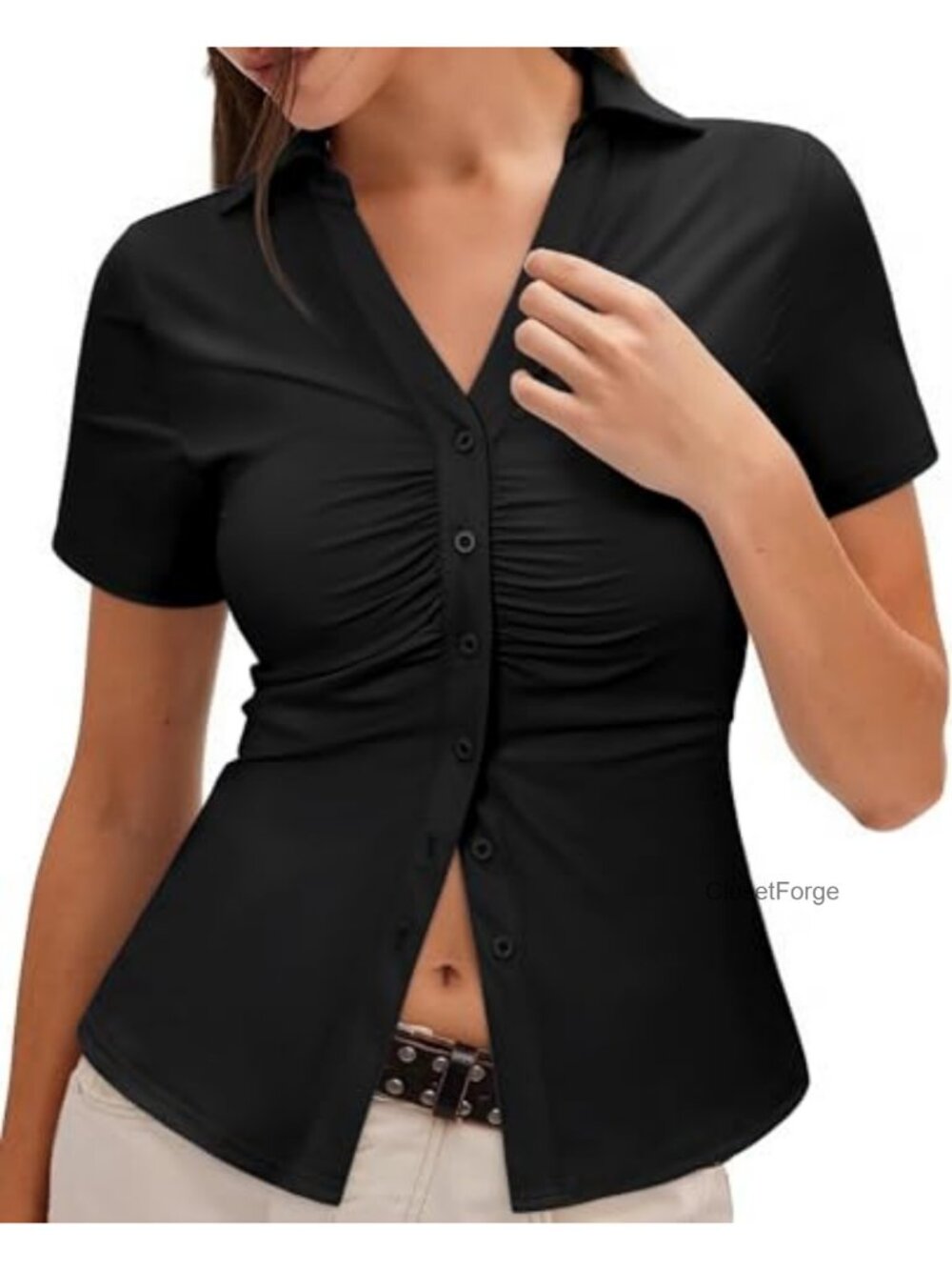 Womens Ruched Fitted Button Down Shirt Short Sleeve Y2K Office Top